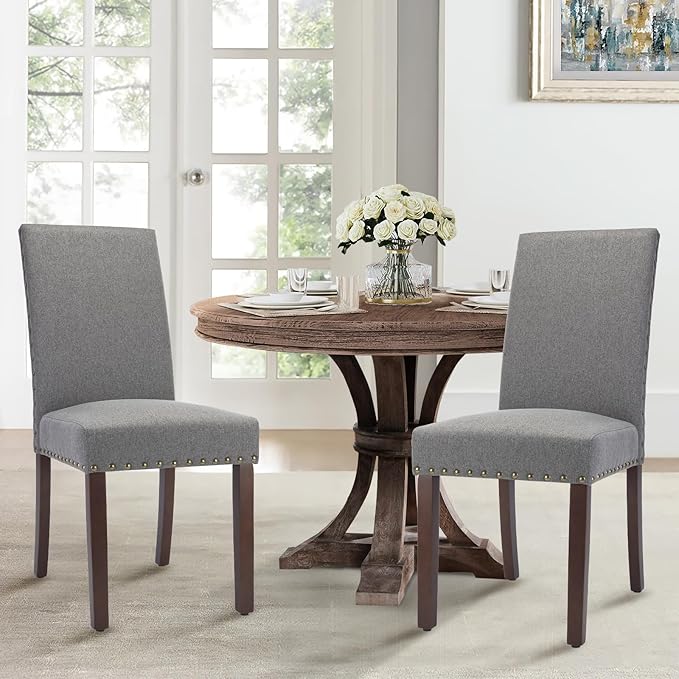 COLAMY Modern Wood Dining Chairs Set of 2, Parsons Dining Chairs, 19 Inch Padded Dining Chairs with Nailed Trim for Kitchen Dining Living Room, Grey - LeafyLoom