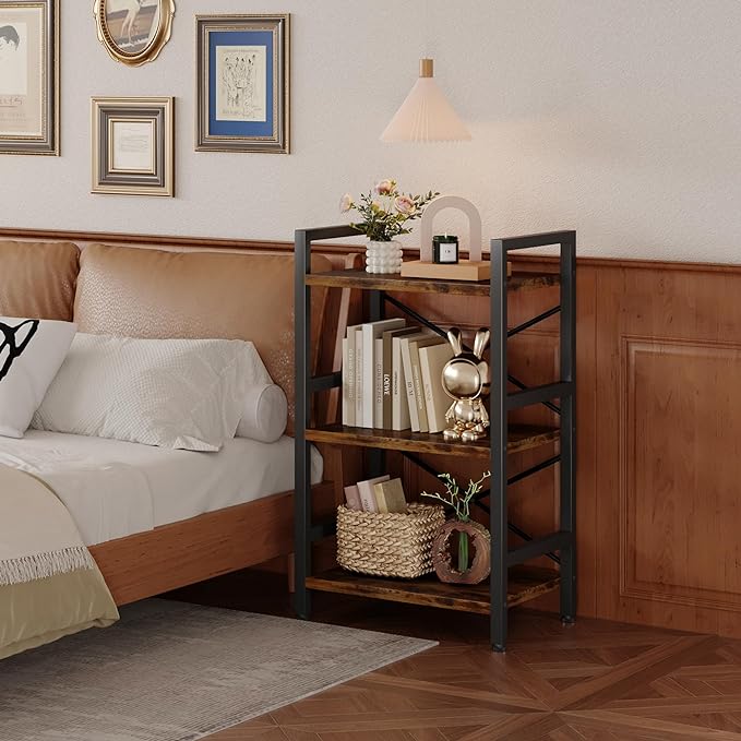 Conami Small Bookshelf, 3 Tier Industrial Bookcase, Bookcase Shelf Storage Organizer, Short Book Shelf for Bedroom, Living Room and Home Office, Vintage - LeafyLoom
