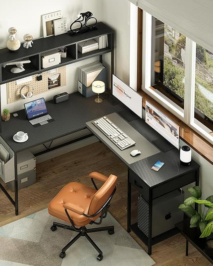 Yoobure L Shaped Desk Gaming Desk with LED Strip & Power Outlet, Reversible L-Shaped Computer Desk with Drawer, Corner Desk with Storage Shelf, 2 Person Home Office Desk, Carbon Fiber Black - LeafyLoom