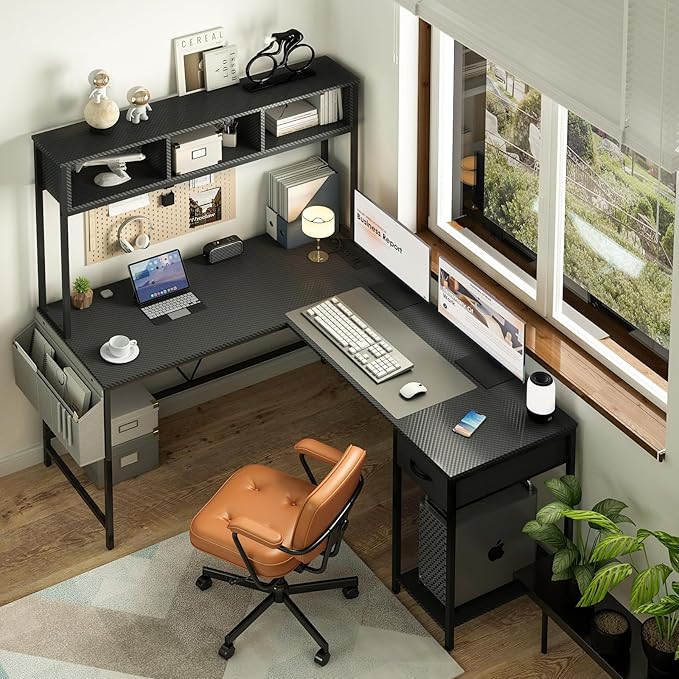Yoobure L Shaped Desk Gaming Desk with LED Strip & Power Outlet, Reversible L-Shaped Computer Desk with Drawer, Corner Desk with Storage Shelf, 2 Person Home Office Desk, Carbon Fiber Black - LeafyLoom