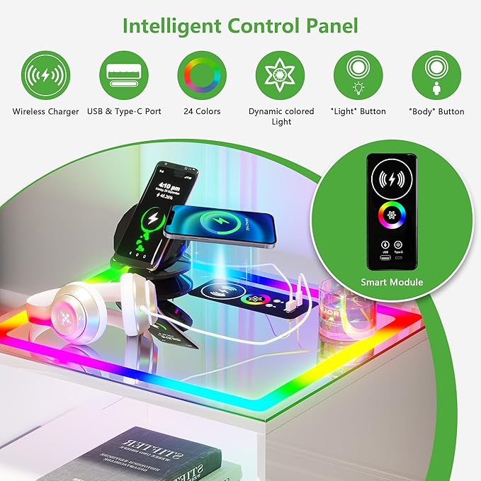 HNEBC High Gloss Nightstand with Wireless Charging Station, Smart Night Stand with RGB Dynamic Lighting, Modern Bed Side Table with Drawers Sliding Tray, Glass Tabletop, Motion Sensor Lights(C White) - LeafyLoom