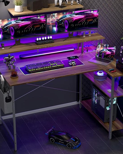 L Shaped Gaming Desk with Power Outlets, 47 Inch Computer Desk with LED Lights and Reversible Shelves, Corner Desk Work Desk for Home Office Bedroom, Walnut - LeafyLoom