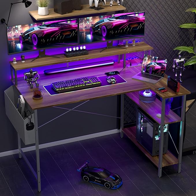 L Shaped Gaming Desk with Power Outlets, 47 Inch Computer Desk with LED Lights and Reversible Shelves, Corner Desk Work Desk for Home Office Bedroom, Walnut - LeafyLoom