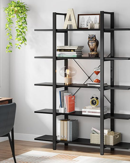 Tribesigns 5-Tier Bookshelf, Vintage Industrial Style Bookcase 72 H x 12 W x 47L Inches, Black - LeafyLoom