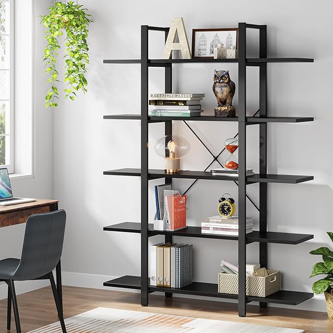 Tribesigns 5-Tier Bookshelf, Vintage Industrial Style Bookcase 72 H x 12 W x 47L Inches, Black - LeafyLoom