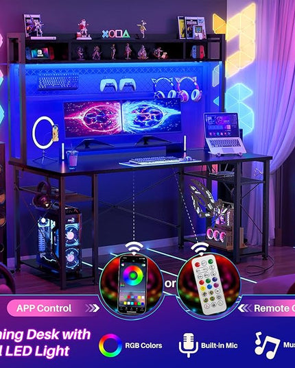 armocity 2024 Upgrade Gaming Desk with Hutch, 55.2'' Magic Computer Desk with LED Lights and Outlets, Reversible Workstation Desk with Pegboard and Monitor Stand, Gamer Desk PC Table, Black - LeafyLoom