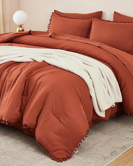 Litanika King Size Comforter Set Terracotta,3 Pieces Terracotta Boho Pom Pom Lightweight Bed Comforter, All Season Soft Solid Color Bedding Comforter Sets (1 Comforter 104x90 Inch, 2 Pillowcases) - LeafyLoom