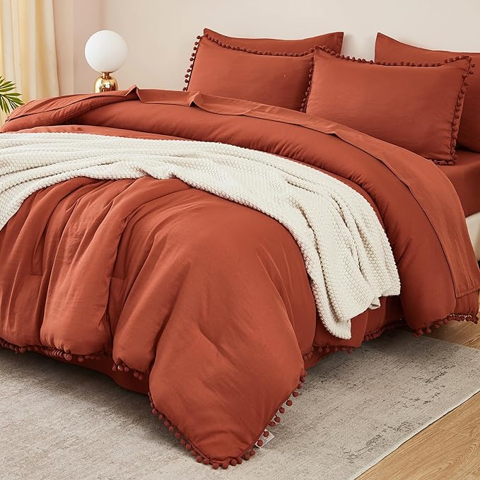 Litanika Queen Size Comforter Set Terracotta,3 Pieces Terracotta Boho Pom Pom Lightweight Bed Comforter, All Season Soft Solid Color Bedding Comforter Sets (1 Comforter 90x90 Inch, 2 Pillowcases) - LeafyLoom