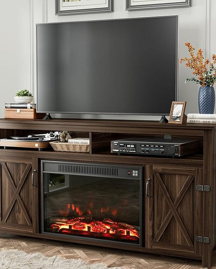 YESHOMY Fireplace TV Stand for Television up to 65+ Inch with Storage and Farmhouse Barn Doors, Entertainment Center with Cabinet and Shelves, Media Console for Living Room, Walnut - LeafyLoom