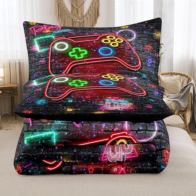NINENINE Full Size Bedding Sets for Boys 5PCS Gaming Comforter Gamer Bedding Sets for Boys Bed in A Bag Gamer Comforter Sets (1Comforter, 1Flat Sheet, 1Fitted Sheet, 2Pillowcases)… - LeafyLoom