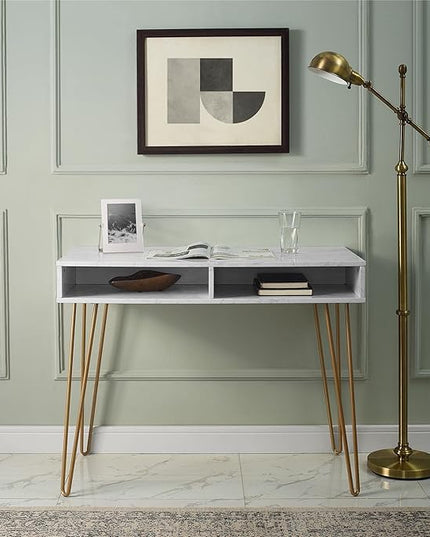 Novogratz Athena Computer Desk with Storage, White Marble - LeafyLoom