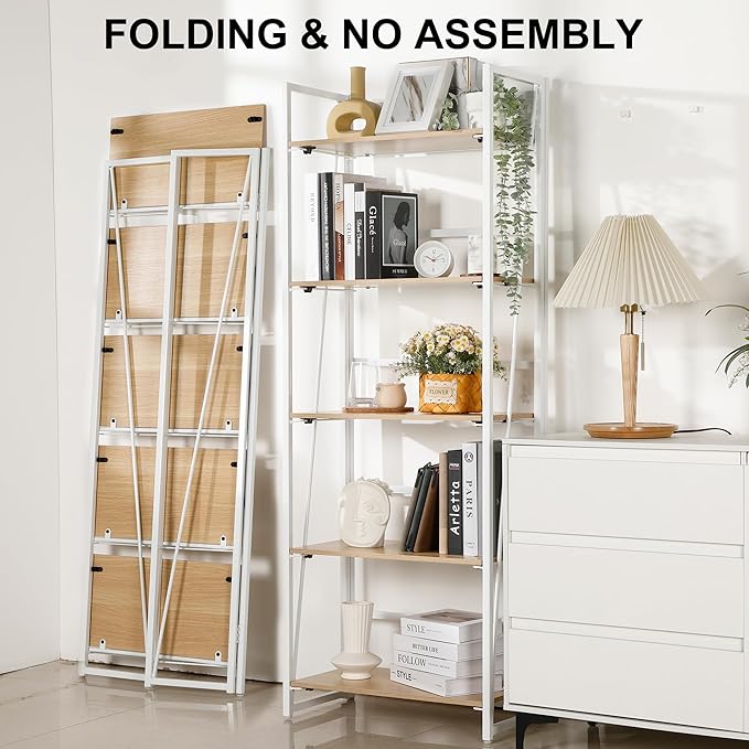 No-Assembly Folding Bookshelf Storage Shelves 5 Tiers Foldable Vintage Multifunctional Plant Flower Stand Storage Rack Shelves Bookcase for Home Office, White - LeafyLoom