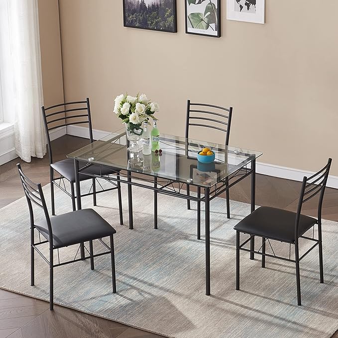 VECELO Kitchen Dining Room Table and Chairs 4, 5-Piece Dinette Sets, Space Saving (Black), 42.1" - LeafyLoom