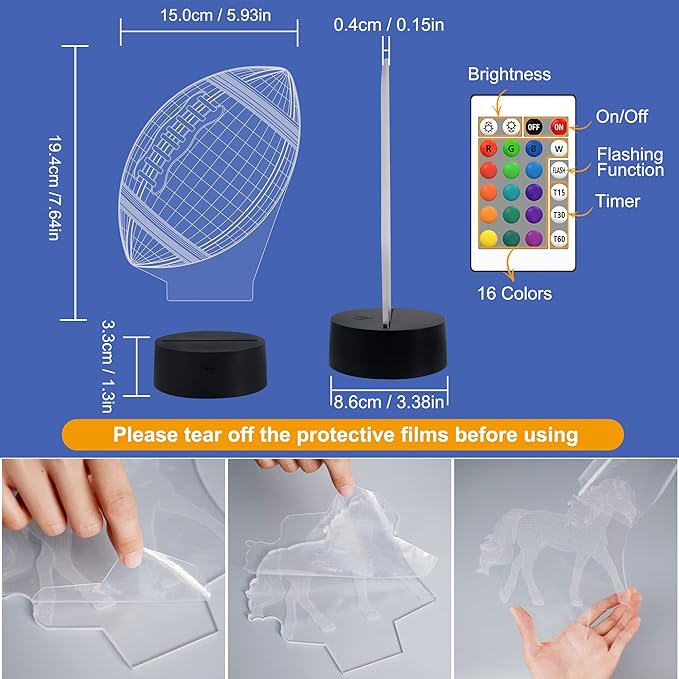 FULLOSUN Football 3D Night Light, American Football 3D Illusion Lamp for Kids with Remote 16 Colors Changing, Creative Birthday Rugby Gifts for Boy Girl Bedroom Decoration - LeafyLoom