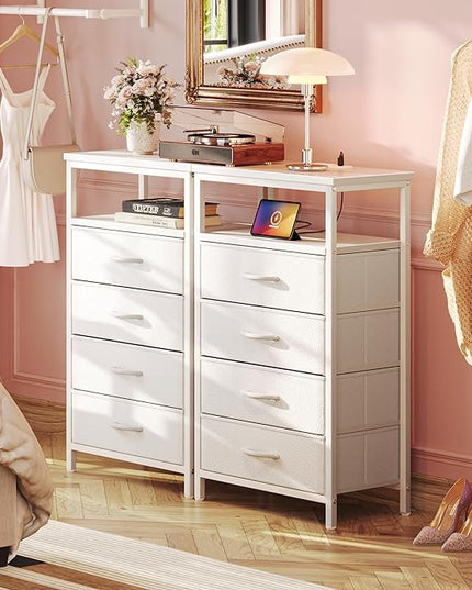 Night Stand with Charging Station, Multiple Drawer Dresser for Bedroom, Bedside Table, Tall Nightstand with PU Leather Finish, Open Shelf, End Table, for Closet, Entryway, Bedroom, White - LeafyLoom