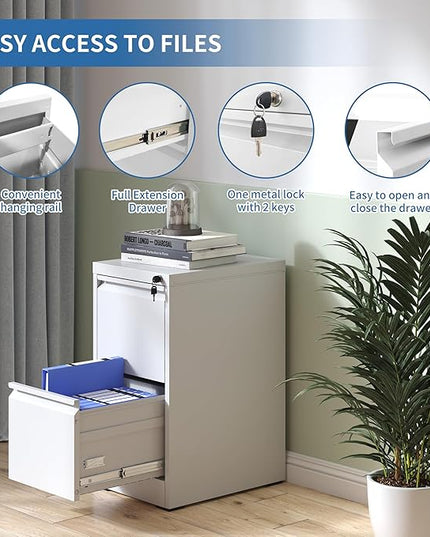 2 Drawer File Cabinet with Lock, Metal Vertical Filing Cabinets for Home Office, Steel Storage Cabinet for Hanging Legal/Letter Size Files, Assembly Required (White) - LeafyLoom