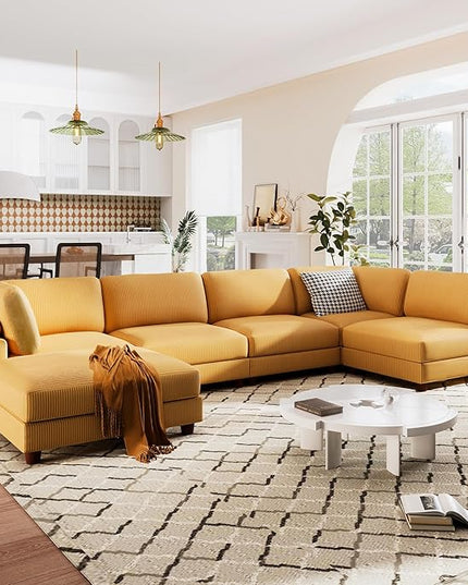 Free Combination Convertible Modular Sectional Sofa with Movable Ottomans , 163'' Oversized Corduroy Upholstered Sleeper Corner Couch Sofabed with Wooden Legs and Detachable Cushions for Living Room - LeafyLoom