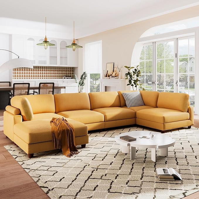 Free Combination Convertible Modular Sectional Sofa with Movable Ottomans , 163'' Oversized Corduroy Upholstered Sleeper Corner Couch Sofabed with Wooden Legs and Detachable Cushions for Living Room - LeafyLoom