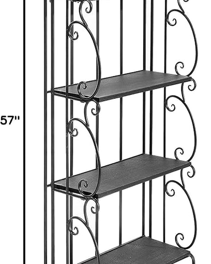 MyGift Black Metal Freestanding Shelf Rack, Decorative Bakers Rack Bookshelf Storage Shelf Unit with Metal Scrollwork Frame, Indoor Plant Pot Display Stand with 4 Wood Shelves - LeafyLoom