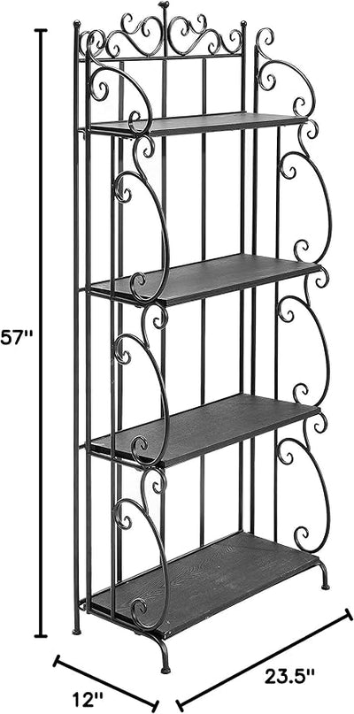 MyGift Black Metal Freestanding Shelf Rack, Decorative Bakers Rack Bookshelf Storage Shelf Unit with Metal Scrollwork Frame, Indoor Plant Pot Display Stand with 4 Wood Shelves - LeafyLoom