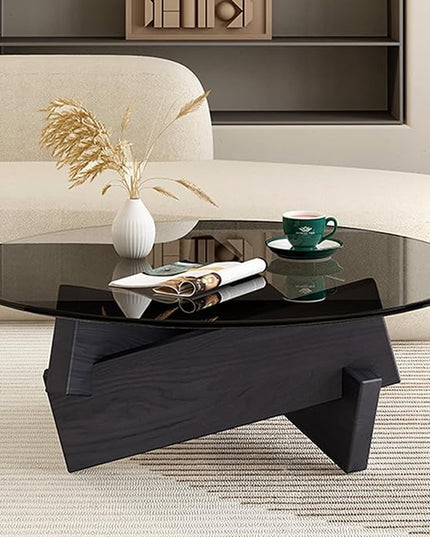 Coffee Table, Round Coffee Table for Living Room Modern Glass Coffee Table with Solid Wood Legs Farmhouse Mid Century Center Table Large Circle Cocktail Table (Black + Gray, 31.5in) - LeafyLoom