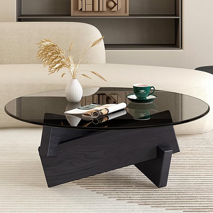Coffee Table, Round Coffee Table for Living Room Modern Glass Coffee Table with Solid Wood Legs Farmhouse Mid Century Center Table Large Circle Cocktail Table (Black + Gray, 31.5in) - LeafyLoom