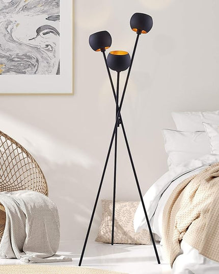 Tripod Floor Lamp - Black Modern Floor Lamp with 3 Matte Black Globe Head & Interwining Tripod Legs Perfect for Mid-Century Living Room and Bedroom - LeafyLoom