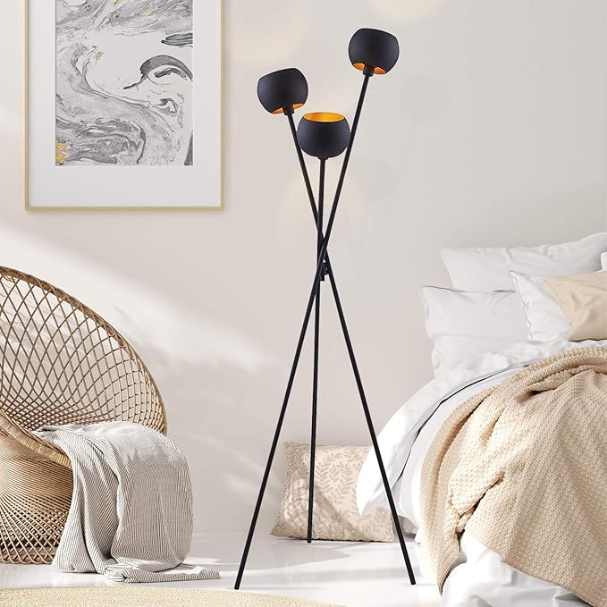 Tripod Floor Lamp - Black Modern Floor Lamp with 3 Matte Black Globe Head & Interwining Tripod Legs Perfect for Mid-Century Living Room and Bedroom - LeafyLoom
