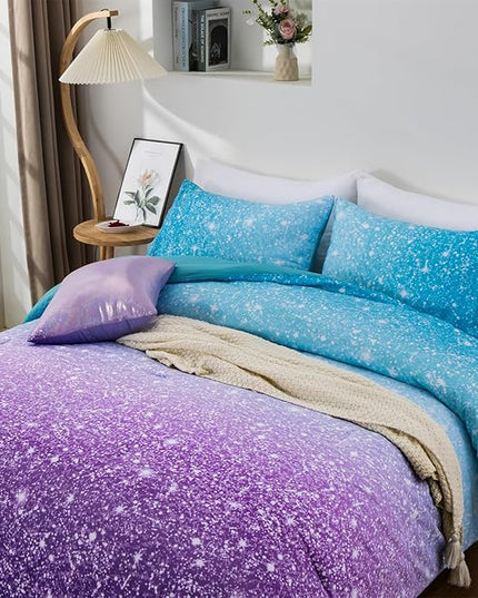 Holawakaka Kids Space Star Glitter Comforter Set Queen Size Girls Ombre Blue & Purple Print Gradient Teens Bedding Set Teens Galaxy Bed Sets (Blue Purple, Queen) - LeafyLoom
