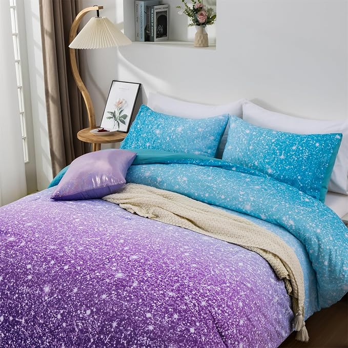 Holawakaka Kids Space Star Glitter Comforter Set Queen Size Girls Ombre Blue & Purple Print Gradient Teens Bedding Set Teens Galaxy Bed Sets (Blue purple, Full) - LeafyLoom