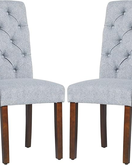 COLAMY Button Tufted Dining Chairs Set of 2, Parsons Upholstered Fabric Dining Room Chairs Kitchen Chairs with Wood Legs and Padded Seat, Blue Fishbone - LeafyLoom