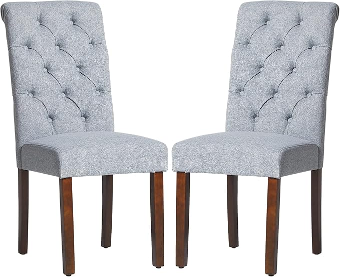 COLAMY Button Tufted Dining Chairs Set of 2, Parsons Upholstered Fabric Dining Room Chairs Kitchen Chairs with Wood Legs and Padded Seat, Blue Fishbone - LeafyLoom