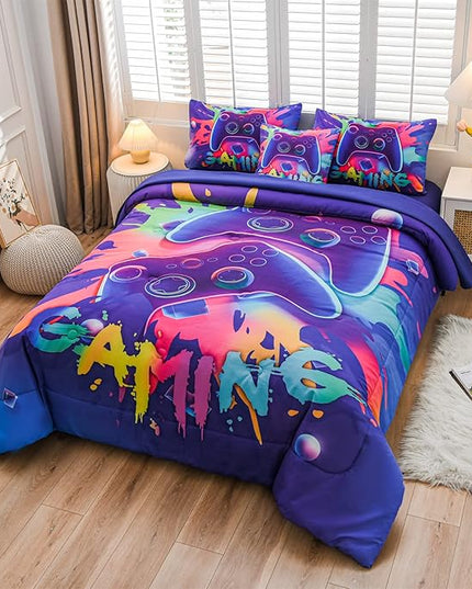 Aimuan Gaming Comforter Sets for Boys Kids Bedding Sets Video Games Console Action Buttons Novelty Colorful Game Gamepad Controller Modern Gamer Room Decor Home Quilt Set (Twin 6 Pcs,Purple) - LeafyLoom