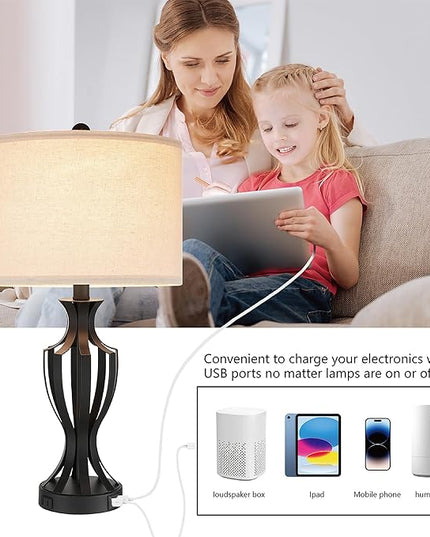 23.25'' Metal Table Lamp Set of 2 for Living Room, 3-Way Touch Control Black Iron Scroll Table Lamps with USB Ports and AC Outlets(Bulbs Included) - LeafyLoom