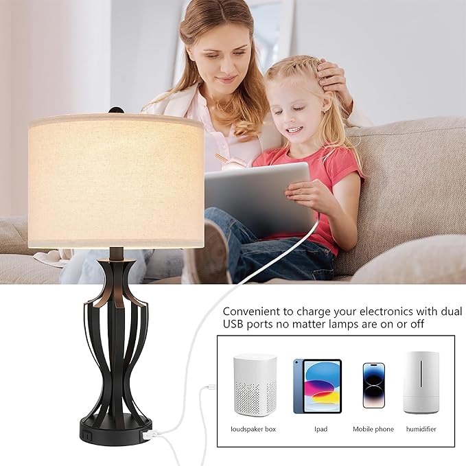 23.25'' Metal Table Lamp Set of 2 for Living Room, 3-Way Touch Control Black Iron Scroll Table Lamps with USB Ports and AC Outlets(Bulbs Included) - LeafyLoom