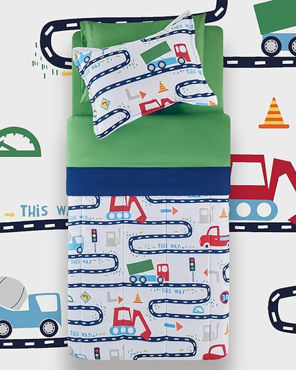 SLEEP ZONE Kids Bedding Comforter Set Full/Queen Size - Super Cute & Soft Kids Bedding 7 Pieces Set with Comforter, Sheet, Pillowcase & Sham (Road Trip, Full/Queen) - LeafyLoom