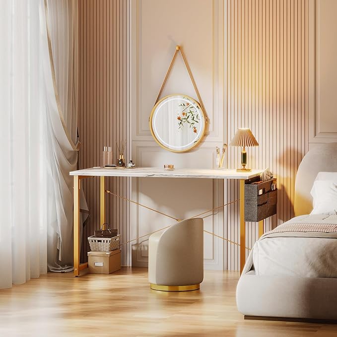 ODK Computer Desk Large Office Desk, 48 Inch Writing Desk with Storage, Modern PC Desk Work Table with Headphone Hook for Home Office, White Marble + Gold Leg - LeafyLoom