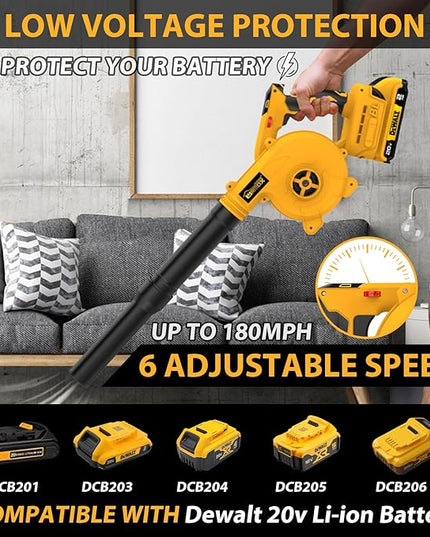 Cordless Leaf Blower for DEWALT 20V Max Battery, 2-in-1 Handle Electric Blower + Vacuum Cleaner, 6 Variable Speed Up to 180MPH, Electric Jobsite Air Blower with Brushless Motor (Battery Not Included) - LeafyLoom
