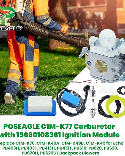 C1M-K77 Carburetor with 15660108361 Ignition Module Replaces C1M-K76, C1M-K49A, C1M-K49, C1U-K16A for Echo PB403H, PB403T, PB413H, PB413T, PB610, PB620, PB620, PB620H, PB620ST Backpack Blower - LeafyLoom