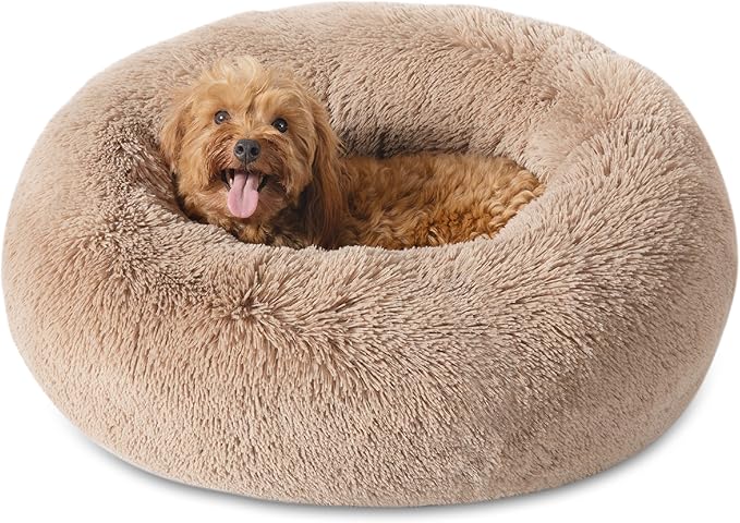 Bedsure Calming Dog Bed for Small Medium Dogs - Donut Washable Medium Pet Bed, 27 inches Anti-Slip Round Fluffy Plush Faux Fur Cat Bed, Camel BEDSURE