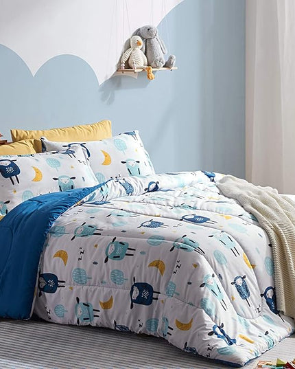 SLEEP ZONE Kids Bedding Comforter Set Full/Queen Size - Super Cute & Soft Kids Bedding 7 Pieces Set with Comforter, Sheet, Pillowcase & Sham (Blue Sheep) - LeafyLoom