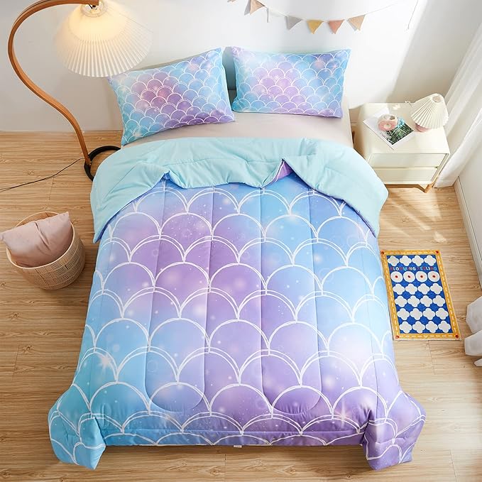 beeweed 3 Piece Kid Comforter Set Queen Size, Colorful Scale Bedding Set for Teen Boys Girls - LeafyLoom