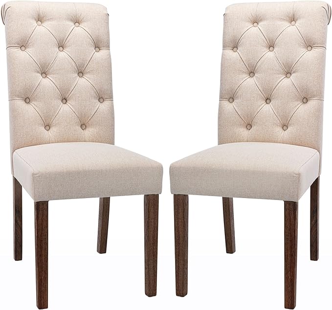 COLAMY 7-Piece Dining Table Set for 6, 60" Kitchen Wood Table with 6 Tufted Dining Room Chairs, White/Beige - LeafyLoom