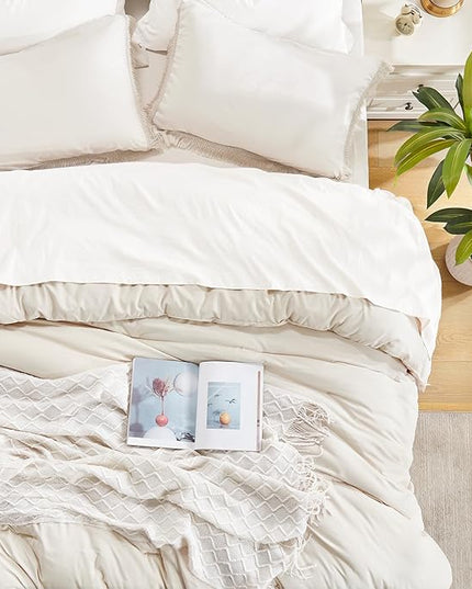 Andency Queen Comforter Set Beige, 3 Pieces Boho Lightweight Fluffy Bedding Comforters & Sets, Soft Tassel All Seasons Bed Set Gift Choice (90x90In Comforter & 2 Pillowcases) - LeafyLoom