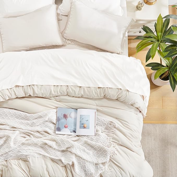 Andency Queen Comforter Set Beige, 3 Pieces Boho Lightweight Fluffy Bedding Comforters & Sets, Soft Tassel All Seasons Bed Set Gift Choice (90x90In Comforter & 2 Pillowcases) - LeafyLoom