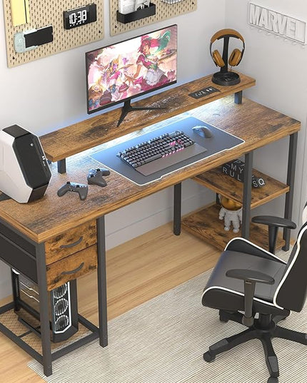 Computer Desk with Drawer and Power Outlets, Gaming Desk with LED Light, Work Desk with Shelves and PC Stand for Home Office (Rustic Brown) - LeafyLoom