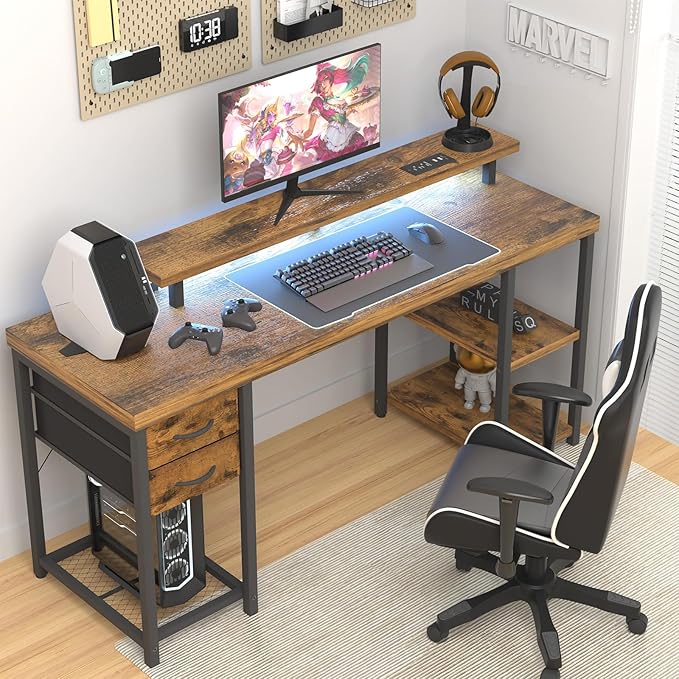 Computer Desk with Drawer and Power Outlets, Gaming Desk with LED Light, Work Desk with Shelves and PC Stand for Home Office (Rustic Brown) - LeafyLoom