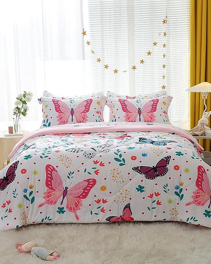 Girls Butterfly Comforter Set Queen Size 7 Piece Bed in A Bag Colorful Flowers Leaves Bedding Set for Kids Teens Super Soft All Season - LeafyLoom