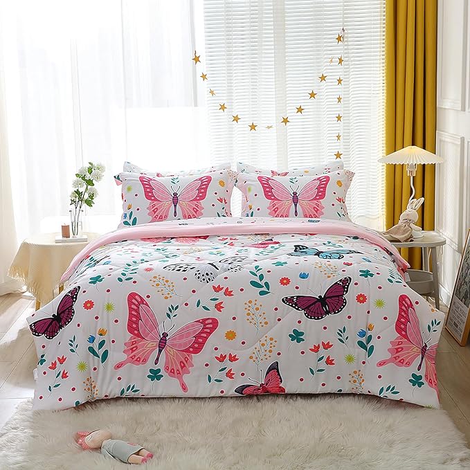 Girls Butterfly Comforter Set Queen Size 7 Piece Bed in A Bag Colorful Flowers Leaves Bedding Set for Kids Teens Super Soft All Season - LeafyLoom