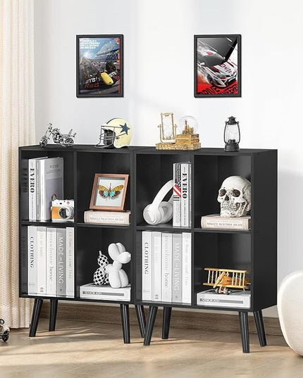 YAHARBO 4 Cube Black Bookshelf, Small Black Narrow Book shelf, 3 Tier Modern Bookcase with Legs,Bookshelves Wood Storage Shelf, Rustic Book Shelves Cube Organizer, Display Bookcase - LeafyLoom